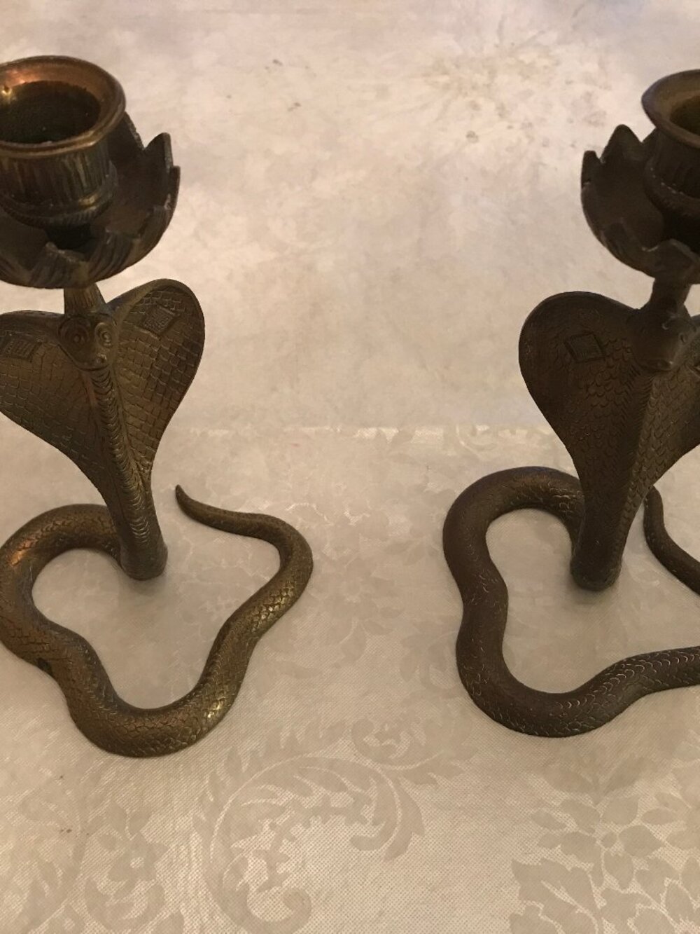 Vintage Brass Cobra Candle Holders Set of 2 | Boho Etched Snake Candlesticks